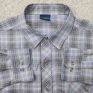 PROPPER Shirt Mens Large Regular Black/Blue Snap Button Polyester Long Sleeve